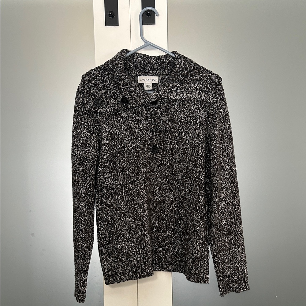 Sag Harbor Black and White Textured Cardigan Partial Button Down